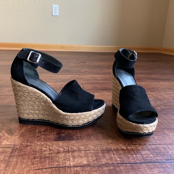 Stuart Weitzman ankle wrap woven cork fiber wedges